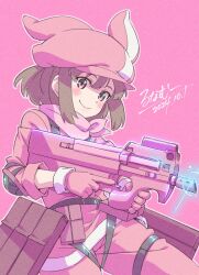 1girl blush brown_hair closed_mouth commentary_request cowboy_shot dated gloves gun hat holding holding_gun holding_weapon jacket llenn_(sao) long_sleeves lunamoon outline pants pink_background pink_eyes pink_gloves pink_hat pink_jacket pink_pants pink_scarf scarf short_hair sidelocks signature simple_background smile solo sword_art_online sword_art_online_alternative:_gun_gale_online weapon weapon_request white_background white_outline