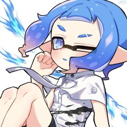 1girl amakusa_setoka blue_eyes colored_tips eyebrow_cut inkling inkling_girl inkling_player_character medium_hair multicolored_hair nintendo one_eye_closed open_mouth pointy_ears shrug_(clothing) sitting solo splatoon_(series) splatoon_3 tentacle_hair white_background white_shrug