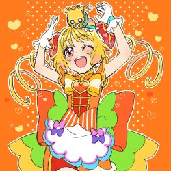 Rule 34 | 1girl, ;d, apron, arms up, bike shorts, blonde hair, bow, brooch, chinese clothes, cure yum-yum, delicious party precure, gloves, hat, heart, heart brooch, highres, jewelry, large bow, mandarin collar, one eye closed, open mouth, orange background, orange ribbon, pam-pam, pink ribbon, polka dot, polka dot background, precure, purple ribbon, ribbon, smile, striped clothes, teeth, upper teeth only, white apron, yufu kyouko