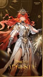 1girl absurdres arm_guards armor armored_dress augusta_(wuthering_waves) black_collar black_shorts breastplate breasts character_name closed_mouth collar commentary dress earrings english_commentary floating_earring greatsword headgear highres holding holding_sword holding_weapon jewelry large_breasts long_hair official_art pelvic_curtain red_eyes red_hair shorts solo sword weapon white_dress wuthering_waves