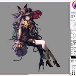 1girl arm_support art_program_in_frame black_bow black_choker black_dress black_gloves black_hair black_hat black_shoes bow choker closed_mouth dress elbow_gloves finger_to_mouth full_body gloves grey_background hand_up hat hat_bow high_heels highres invisible_chair isolde_(reverse:1999) long_dress long_hair looking_at_viewer official_alternate_costume painttool_sai_(medium) purple_eyes qinghong_zaoshu reverse:1999 shoes single_elbow_glove sitting smile solo strapless strapless_dress thorns torn_clothes torn_dress wavy_hair