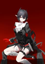 1girl absurdres arknights ascot black_hair chinese_commentary closed_mouth commentary_request entelechia_(arknights) gloves gradient_background grey_socks hair_between_eyes hair_horns highres juliet_sleeves kneehighs long_sleeves looking_at_viewer mo_su_ji partial_commentary pointy_ears puffy_sleeves red_background red_eyes red_gloves short_hair sitting smile socks solo split_mouth thigh_strap white_ascot