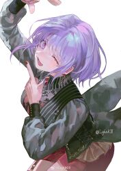 1girl :3 absurdres amoris_(bang_dream!) arm_up bang_dream! bang_dream!_it&#039;s_mygo!!!!! black_coat chinese_commentary coat collared_coat commentary_request cowboy_shot cross-laced_clothes earrings eyelashes fingernails floral_print frills garter_straps hand_up highres jewelry kinayone l_hand light_blush long_sleeves looking_at_viewer necklace o-ring_garter_belt one_eye_closed open_mouth pearl_necklace pink_eyes puffy_long_sleeves puffy_sleeves purple_hair red_brooch red_nails red_shorts short_hair shorts solo striped_clothes watermark weibo_username weibo_watermark yuutenji_nyamu