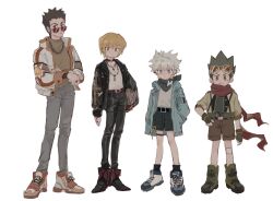 4boys alternate_costume black_footwear black_jacket black_pants black_shorts black_socks blonde_hair blue_eyes blue_footwear blue_jacket blue_scarf brown_eyes brown_hair brown_shirt brown_shorts chain chain_necklace choker denim earrings fingerless_gloves full_body gloves goggles goggles_on_head gon_freecss green_footwear green_jacket green_shirt highres hunter_x_hunter ik18166181ik jacket jeans jewelry killua_zoldyck kurapika leorio_paladiknight looking_at_viewer male_focus multiple_boys necklace o-ring o-ring_choker pants red_footwear red_scarf scarf shirt short_hair shorts simple_background socks standing sunglasses white_background white_hair white_jacket white_shirt