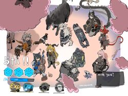 1other 2boys 6+girls ? ahoge animal_ears anniversary arknights arms_behind_back black_coat black_necktie black_vest blonde_hair border bow_(music) cello character_request check_character chongyue_(arknights) coat confused covered_face degenbrecher_(arknights) dragon_boy dragon_horns dragon_tail english_text exercise_wheel face_down fiammetta_(arknights) formal_clothes from_above grey_eyes grey_hair grey_suit grin halo head_wings highres holding holding_bow_(music) holding_instrument hood hood_up hooded_coat horns instrument jacket jessica_(arknights) jessica_(iron_block)_(arknights) lappland_(arknights) lemuen_(arknights) long_hair long_sleeves looking_up mask mayer_(arknights) mudrock_(arknights) multiple_boys multiple_girls mutomorokoshi necktie non-humanoid_robot on_ground orange_eyes orange_jacket originium_slug_(arknights) out_of_frame pink_hair provence_(arknights) red_hair rhodes_island_medic_(arknights) robot robot_animal sarkaz_wither_devourer seiza sheep short_hair sitting smile squatting standing suit tail texas_(arknights) texas_the_omertosa_(arknights) twitter_username user_interface vest wheelchair white_border wide_shot wings wolf wolf_ears wolf_girl wolf_tail yellow_eyes zaaro_(arknights)