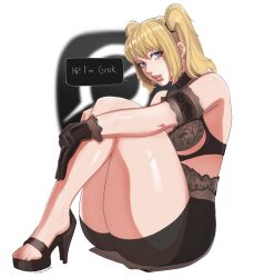 Rule 34 | 1girl, adapted costume, alternate costume, ani (xai), arm garter, artist name, black gloves, black shoes, blonde hair, breasts, commentary, english commentary, full body, gloves, grok (xai), high heels, highres, hugging own legs, large breasts, lingerie, looking at viewer, purple eyes, shoes, sitting, solo, speech bubble, thick lips, thick thighs, thighs, toes, twintails, twitter, uchihaniray, underwear, xai (company)