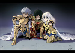 3boys armor black_hair blonde_hair blood blood_on_arm blood_on_armor blood_on_clothes blood_on_face blood_on_hands blue_eyes cancer_death_mask cape capricorn_shura closed_eyes full_body gold_armor gold_cloth gold_saint green_hair grey_hair grin hand_on_floor injury kneeling light_frown long_hair looking_at_viewer male_focus mizuhara_aki mole mole_under_eye multiple_boys nervous_smile nervous_sweating on_one_knee pauldrons pisces_aphrodite red_eyes saint_seiya short_hair shoulder_armor sideburns smile spiked_hair sweat sweatdrop trap v-shaped_eyebrows white_cape