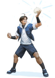 1boy absurdres ahoge bad_link steamed_bun blue_footwear blue_jacket blue_pants food highres jacket muhyun_lee pants psycho_soldier shirt short_sleeves sie_kensou the_king_of_fighters white_background white_shirt