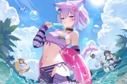 4girls :3 :p absurdres ahoge animal_collar animal_ear_fluff animal_ears bikini bikini_bottom_only black_collar black_hair blue_hair blue_sky breasts brown_hair camisole cat_ears cat_girl cat_tail clothes_pull cloud collar colored_inner_hair commentary crossed_bangs cumulonimbus_cloud day detached_sleeves dog_girl double-parted_bangs food fox_girl hair_between_eyes hair_ornament hairpin highres holding holding_food holding_popsicle holding_swim_ring hololive holonatsu_paradise innertube inugami_korone inugami_korone_(holonatsu_paradise) looking_at_viewer medium_breasts multicolored_hair multiple_girls nannung navel nekomata_okayu nekomata_okayu_(holonatsu_paradise) onigirya_(nekomata_okayu) ookami_mio ookami_mio_(holonatsu_paradise) open_fly outdoors pants pants_pull popsicle purple_camisole purple_eyes purple_hair purple_pants purple_sleeves shirakami_fubuki shirakami_fubuki_(holonatsu_paradise) shirt short_hair side-tie_bikini_bottom sky stomach striped_bikini striped_clothes striped_sleeves sun swim_ring swimsuit symbol-only_commentary tail tied_shirt tongue tongue_out virtual_youtuber wading water white_hair wolf_girl
