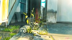absurdres artist_name banishment building commentary_request day garage_door grass highres no_humans original outdoors plant scenery shade signature traffic_cone