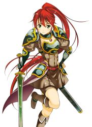 1girl armor female_focus green_eyes highres long_hair maou_no_hajimekata moonsorrow official_art red_hair simple_background skirt smile solo sword weapon white_background yunisfinia_meredith_le_ella_grandiera