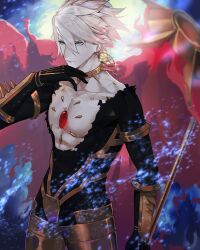 1boy absurdres bare_pectorals blue_eyes chest_jewel collar collarbone cow earrings eyeshadow fate/apocrypha fate/grand_order fate_(series) hair_between_eyes highres holding holding_polearm holding_weapon jewelry karna_(fate) looking_at_viewer makeup male_focus necklace pale_skin pectorals polearm red_eyeshadow short_hair solo spiked_collar spikes thriller_romero vasavi_shakti_(fate) weapon white_hair