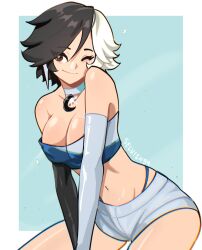 1girl bare_shoulders black_hair blue_eyes breasts choker crop_top gloves highres looking_at_viewer luna_snow marvel marvel_rivals multicolored_hair navel one_eye_closed selvish94 short_hair shorts smile solo split-color_hair two-tone_hair white_hair