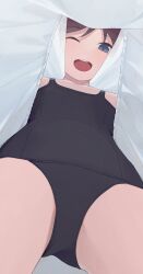 1girl ;d blue_eyes clothes_lift commentary_request highres hiroki_(yyqw7151) lifting_own_clothes looking_at_viewer one-piece_swimsuit one_eye_closed open_mouth original shirt_lift smile solo swimsuit teeth upper_teeth_only upshirt