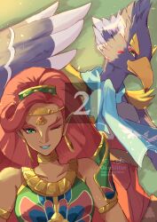1boy 1girl beak bird_boy blue_lips breasts closed_mouth dark-skinned_female dark_skin earrings furry furry_male gerudo green_eyes highres jewelry long_hair looking_at_viewer makeup medium_breasts nintendo pointy_ears red_hair revali rito seri_(yuukasakura) smile the_legend_of_zelda the_legend_of_zelda:_breath_of_the_wild urbosa