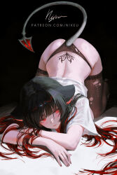 Rule 34 | 1girl, alternate hair length, alternate hairstyle, animal ears, ass, back tattoo, black background, black hair, black panties, black shoes, black thighhighs, blush, closed mouth, commentary, hair spread out, highres, jane doe (zenless zone zero), long hair, mouse ears, mouse girl, mouse tail, nixeu, no pants, paid reward available, panties, red eyes, red hair, sharp tail, shirt, shoes, solo, tail, tattoo, thighhighs, thighs, top-down bottom-up, tramp stamp, twitter username, underwear, very long hair, white shirt, zenless zone zero
