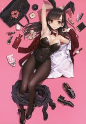 1girl absurdres animal_ears armpits arms_up bag bare_arms bare_shoulders black_hair black_leotard black_shoes black_skirt bow bowtie breasts brown_eyes brown_pantyhose cellphone cleavage covered_navel detached_collar duffel_bag fake_animal_ears from_above groin hairband highleg highleg_leotard highres jacket koh_(minagi_kou) large_breasts leotard loafers long_hair long_sleeves looking_at_viewer lying miniskirt mole mole_under_eye no_bra on_back open_clothes open_jacket original pantyhose parted_lips phone pink_background playboy_bunny pleated_skirt rabbit_ears red_jacket satin scan shoes skirt skirt_around_one_leg smartphone solo strapless strapless_leotard unworn_shoes