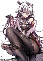 1girl :d absurdres artist_name bad_tag bare_shoulders black_gloves black_pantyhose chinese_clothes dated feet fei_luo_mao fingerless_gloves foot_focus fu_hua fu_hua_(herrscher_of_sentience) fu_hua_(onyx_simurgh)_(herrscher_of_sentience) fu_hua_(valkyrie_accipiter) gloves highres honkai_(series) honkai_impact_3rd long_hair looking_at_viewer open_mouth pantyhose red_eyes simple_background sitting smile smirk smug soles solo toes