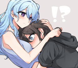 Rule 34 | !?, 2girls, bang dream!, bare arms, black hair, black hoodie, blue eyes, blue hair, blue tank top, blush, closed mouth, grey background, hood, hoodie, hug, long hair, matsubara kanon, multiple girls, okusawa misaki, opi, purple eyes, simple background, smile, sweat, tank top, yuri