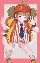 1girl absurdres ahoge alternate_breast_size_(larger) blunt_bangs blush breasts brown_hair happi highres huge_breasts imadake_dabuchi_tabemi japanese_clothes leaning_forward looking_at_viewer mcdonald&#039;s open_hand open_mouth shirt short_sleeves short_twintails simple_background solo standing thick_thighs thighs twintails visor_cap white_shirt yui_(tdragono_1011)