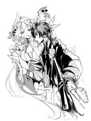 1boy 1girl absurdres ajaw_(genshin_impact) alternate_costume chinese_commentary couple elysia_(honkai_impact) eyewear_on_head floating friends from_side genshin_impact hair_between_eyes hair_ornament hand_on_another&#039;s_shoulder hand_up hands_up headband highres holding honkai_(series) honkai_impact_3rd jewelry kinich_(genshin_impact) leaning_to_the_side long_hair long_sleeves looking_to_the_side monochrome multiple_rings open_mouth ring sai2 short_hair sunglasses wavy_hair