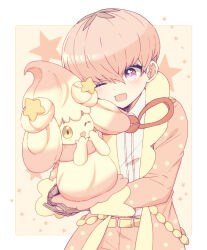 Rule 34 | 1boy, absurdres, alcremie, alcremie (ruby swirl), alcremie (star sweet), arms up, belt, bowl cut, coat, commentary request, cowboy shot, dress shirt, eyelashes, gen 8 pokemon, hair between eyes, highres, holding, holding pokemon, male focus, nintendo, one eye closed, open clothes, open coat, open mouth, ortega (pokemon), pants, pink coat, pink eyes, pink hair, pink pants, pokemon, pokemon (creature), pokemon sv, shirt, shirt tucked in, solo, star (symbol), suzukinoko1021, white shirt, yellow belt