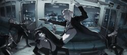 Rule 34 | blood, chhiii o o, city lights, cityscape, formal clothes, glasses, gun, hair bun, highres, jacket, long sleeves, necktie, open clothes, open jacket, sakamoto days, sakamoto taro, sakamoto taro (skinny), shirt, suit, train interior, weapon, white hair, white shirt
