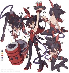 1girl absurdres ass bent_over black_hair color_guide demon_girl diabolos final_fantasy final_fantasy_xi flat_chest full_body grin high_heels highres leotard long_hair mallet multicolored_hair multiple_views open_mouth pantyhose pasties personification playboy_bunny red_hair sharp_teeth sitting smile teeth tray two-tone_hair wariza yellow_eyes zizi_niisan