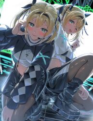 1girl ;d black_pantyhose black_shoes black_shorts black_socks blonde_hair blue_eyes blush closed_mouth commentary crop_top cropped_hoodie double-parted_bangs headset highres hololive hood hoodie kakeru_(kakekaker001) kazama_iroha_(pop_dance) long_sleeves looking_at_viewer loose_socks midriff multiple_views navel one_eye_closed open_mouth pantyhose shoes short_hair shorts smile socks sweat tongue tongue_out virtual_youtuber white_hoodie