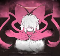 Rule 34 | 1boy, 1girl, adversarial noise, biting own lip, closed mouth, covered eyes, cropped torso, disembodied hand, dual persona, facing viewer, gen 6 pokemon, hair over eyes, hand on own chest, hand up, hands on another&#039;s neck, messy hair, nintendo, original, partially colored, pink background, pink ribbon, pokemon, pokemon (creature), ribbon, sidelocks, straight-on, strangling, sylveon, thwillartz, upper body, vince (thwillartz)