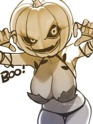 Rule 34 | 1girl, :d, absurdres, artist name, bikini, black sclera, breasts, claw pose, cleavage, collarbone, colored sclera, cowboy shot, glowing, glowing eyes, hands up, highres, keiryuu seo, large breasts, leaning forward, navel, open mouth, original, pumpkin head, simple background, smile, solo, stomach, swimsuit, white background