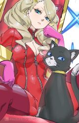 animal_ears blonde_hair blue_eyes bodysuit boots breasts cat_ears gloves highres large_breasts latex latex_bodysuit latex_gloves latex_legwear morgana_(persona_5) persona persona_5 pink_gloves poechan_chan red_boots red_cat takamaki_anne throne twintails zipper