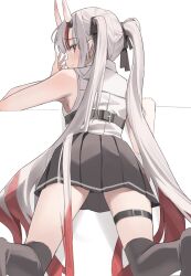 Rule 34 | 1girl, absurdres, black skirt, black thighhighs, closed mouth, commentary, from behind, grey hair, highres, hololive, horns, long hair, looking at viewer, looking back, miniskirt, multicolored hair, nakiri ayame, official alternate costume, over-kneehighs, pleated skirt, red eyes, red hair, scarlet (wv0102), shirt, skirt, sleeveless, sleeveless shirt, solo, streaked hair, symbol-only commentary, thigh strap, thighhighs, twintails, very long hair, virtual youtuber, white shirt