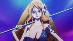 :p animated animated_gif bikini breasts cleavage clima-tact collarbone flower hair_flower hair_ornament large_breasts long_hair looking_at_viewer nami_(one_piece) one_piece one_piece_film:_gold orange_hair smile swimsuit tongue tongue_out