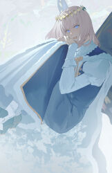 Rule 34 | 1boy, absurdres, arthropod boy, blue cape, blue eyes, blue robe, blue shoes, butterfly wings, cape, collared dress, crown, dress, dutch angle, fate/grand order, fate (series), full body, fur-trimmed cape, fur trim, grey hair, hair between eyes, high heels, highres, insect wings, interlocked fingers, juliet sleeves, knees up, long sleeves, looking at viewer, male focus, medium hair, oberon (fate), oberon (first ascension) (fate), open mouth, own hands together, puffy sleeves, robe, shoes, sitting, smile, socks, solo, white dress, white socks, wings, xu (akiixuu)