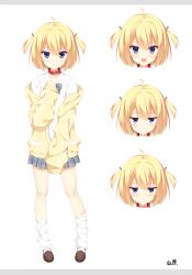 Rule 34 | 1girl, :&lt;, :d, :q, absurdres, ahoge, bandaid, bandaid on knee, bandaid on leg, belt collar, blonde hair, blue eyes, blush, bow, bowtie, brown shoes, clenched hand, closed mouth, collar, collared shirt, eyes visible through hair, fang, frown, full body, grey bow, grey bowtie, grey skirt, hair between eyes, hand up, happy, highres, jacket, jitome, kneehighs, licking lips, loafers, looking at viewer, loose socks, medium hair, miniskirt, multiple expressions, open clothes, open jacket, open mouth, original, plaid bow, plaid bowtie, plaid clothes, plaid skirt, pleated skirt, shirt, shoes, signature, simple background, skin fang, skirt, sleeves past fingers, sleeves past wrists, smile, socks, solo, standing, tongue, tongue out, track jacket, two side up, v-shaped eyebrows, white background, white shirt, white socks, yellow jacket, yuan63901, zipper