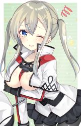 10s 1girl anchor between_breasts black_gloves black_pantyhose blonde_hair blue_eyes breasts capelet clenched_teeth cross female_focus gloves graf_zeppelin_(kancolle) hair_between_eyes hat highres iron_cross kantai_collection long_hair looking_at_viewer miniskirt nan_(jyomyon) necktie necktie_between_breasts one_eye_closed open_clothes open_shirt pantyhose parted_lips peaked_cap pleated_skirt shirt sidelocks skirt solo spiral teeth twintails unworn_hat unworn_headwear
