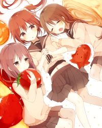 3girls :o :| boyano braid brown_eyes brown_hair closed_mouth dots drooling egg food food_art hair_between_eyes hair_ornament in_food long_hair looking_at_another mini_person minigirl multiple_girls open_mouth original own_hands_clasped own_hands_together pastry pleated_skirt school_uniform serafuku side_ponytail simple_background sitting skirt sleeping tako-san_wiener tomato white_background