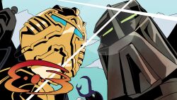 absurdres beetle bionicle blue_eyes bug cloud commentary commission deputy_rust english_commentary from_below glint great_spirit_robot highres humanoid_robot insect kanohi_(bionicle) mata_nui_(toa)_(bionicle) mecha parody robot sky tengen_toppa_gurren_lagann the_lego_group ttgl_eyecatch