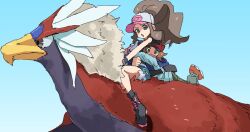 1boy 1girl bad_id bad_pixiv_id baseball_cap black_shoes blue_eyes blue_jacket boots braviary brown_eyes brown_hair exposed_pocket gen_5_pokemon hat hilbert_(pokemon) hilda_(pokemon) hug hug_from_behind jacket looking_at_viewer nintendo nyagiratwist open_mouth pokemon pokemon_(creature) pokemon_bw riding riding_pokemon shoes