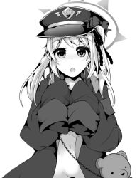 1girl armband blue_archive bow chestnut_mouth coat commentary_request dot_nose expressionless gehenna_academy_logo greyscale hair_ribbon halo hands_up hat hat_bow ibuki_(blue_archive) light_blush long_hair long_sleeves looking_at_viewer military_hat monochrome naked_coat navel open_clothes open_coat open_mouth peaked_cap ribbon school_emblem side_ponytail simple_background sleeves_past_fingers sleeves_past_wrists solo straight-on stuffed_animal stuffed_toy tano teddy_bear upper_body white_background