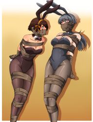 2girls absurdres arms_behind_back bdsm bondage bound bound_together collarbone gag gagged highres improvised_gag multiple_girls peril ryner-e sakurajima_mai seishun_buta_yarou shibari suzumiya_haruhi tape tape_bondage tape_gag taped_arms taped_fingers taped_hands taped_legs tied_up_(nonsexual)