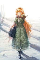 1girl bag black_bag black_boots boots coat full_body green_coat highres ishmael_(project_moon) limbus_company long_hair mittens open_mouth orange_hair outdoors paper_bag project_moon red_mittens scarf sidelocks snow solo very_long_hair white_scarf winter york0pm