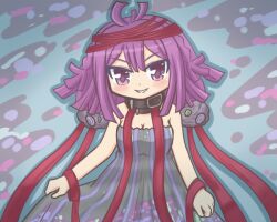 1girl alternate_costume bad_id bad_twitter_id bare_shoulders black_collar black_dress blue_background blunt_bangs blunt_ends blush breasts cleavage collar dress hair_between_eyes kishimen_hair looking_at_viewer magia_record:_mahou_shoujo_madoka_magica_gaiden mahou_shoujo_madoka_magica medium_breasts purple_eyes purple_hair reverse_(bluefencer) sarasa_hanna smile solo strapless strapless_dress