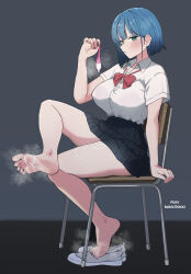 1girl absurdres artist_name barefoot black_skirt blue_eyes blush breasts chair condom cum cum_on_body cum_on_feet dokkitokki eyebrows_hidden_by_hair from_side full_body grey_background highres holding holding_condom large_breasts looking_at_viewer mole mole_under_eye open_mouth original school_chair school_uniform shirt shoes short_hair simple_background sitting skirt smell soles solo toes unworn_shoes white_shirt
