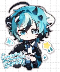 Rule 34 | + +, 1girl, :&lt;, animal ears, aqua hair, bandaged leg, bandages, belt, black belt, black hair, black jacket, black necktie, black shoes, black shorts, blue hair, blue necktie, blue thighhighs, blush, chibi, chibi only, commentary, commission, dated, english commentary, flat chest, gradient hair, grid background, hair between eyes, highres, jacket, leg up, mismatched pupils, multicolored hair, necktie, open clothes, open jacket, original, orphaneater io, shirt, shoes, short hair, shorts, single off shoulder, single thighhigh, sleeves past wrists, solo, standing, standing on one leg, striped clothes, striped necktie, striped shirt, symbol-shaped pupils, tail, thigh belt, thigh strap, thighhighs, twitter username, very long sleeves, white background, white shirt