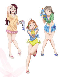 3girls ahoge artbook bikini blue_bikini blue_shirt blue_skirt blush bow braid breasts closed_eyes front-tie_top grey_hair grin hair_ornament highres holding instrument long_hair looking_at_viewer love_live! love_live!_sunshine!! medium_breasts multiple_girls non-web_source official_art one-piece_swimsuit one_eye_closed open_mouth orange_hair pink_skirt red_eyes red_hair sakurauchi_riko sandals shirt short_hair short_sleeves side-tie_bikini_bottom simple_background skirt smile standing standing_on_one_leg swimsuit takami_chika tied_shirt watanabe_you water_gun white_background yellow_bikini yellow_eyes yellow_shirt