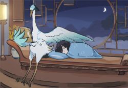 aged_down bird bird_wings black_hair blanket book closed_eyes cloud_retainer_(genshin_impact) commentary_request crane_(animal) crescent_moon genshin_impact highres long_hair moon night night_sky pillow reading shenhe_(genshin_impact) shenhe_(young)_(genshin_impact) sky sleeping wings xianyun_(genshin_impact) xinzoruo