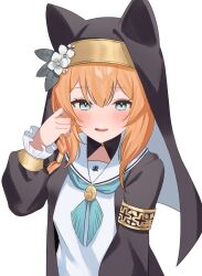 1girl black_veil blue_archive blue_eyes blush hand_up highres mari_(blue_archive) medium_hair nun open_mouth orange_hair school_uniform serafuku shirt simple_background smile solo tebimf upper_body veil white_background white_serafuku white_shirt