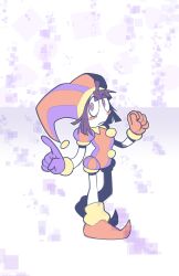 1girl :&lt; absurdres full_body galactabee gloves hat highres index_finger_raised jester jester_cap looking_at_viewer multicolored_eyes open_mouth pomni_(the_amazing_digital_circus) short_hair the_amazing_digital_circus toon_(style)